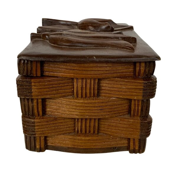 Vintage Handcrafted Wooden Trinket Box Tulip Floral Carved Top Basket Weave - Picture 3 of 8